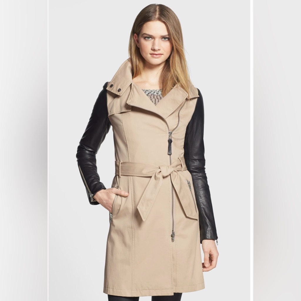 Mackage Leather Sleeve Asymmetrical Trench Coat Size S